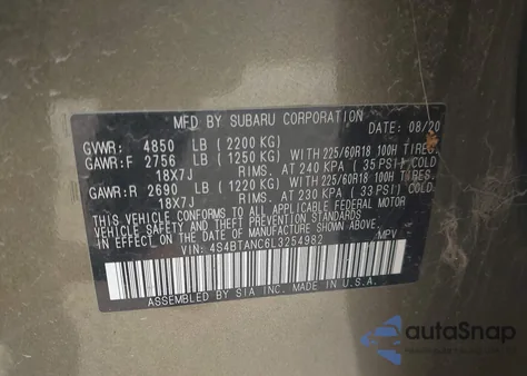 2020 Subaru Outback Limited from USA, damaged, VIN 4S4BTANC6L3254982